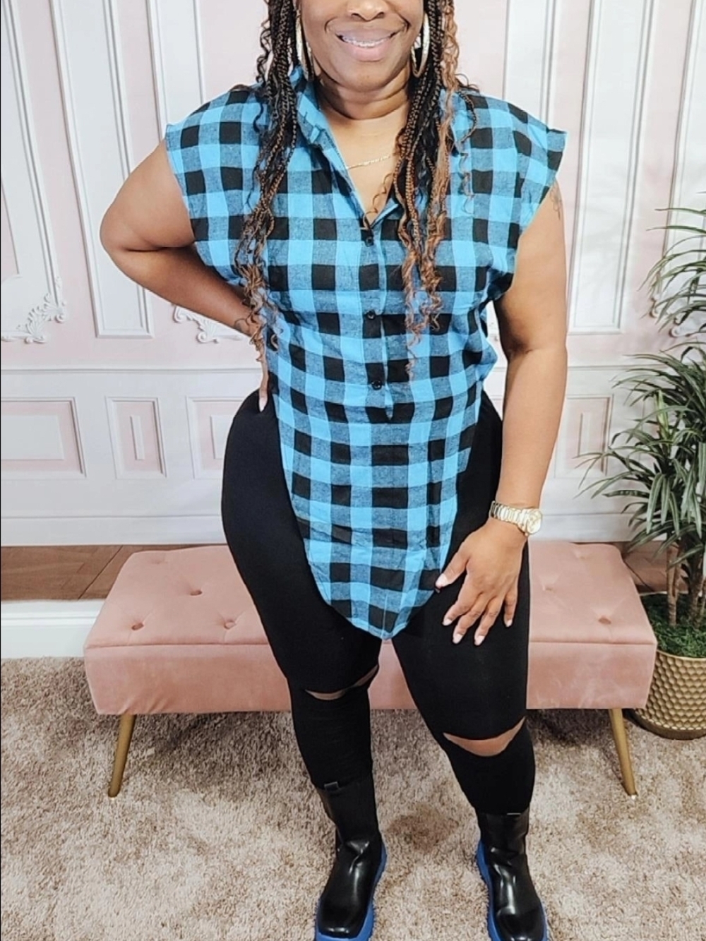 Blue Plaid Sleeveless Button-Front Top for Women